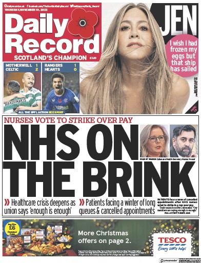 Daily Record Newspaper Front Page (UK) for 10 November 2022