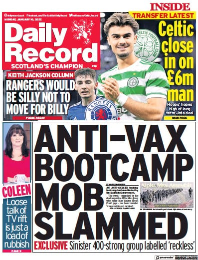 Daily Record Newspaper Front Page (UK) for 10 January 2022