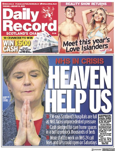 Daily Record Newspaper Front Page (UK) for 10 January 2023