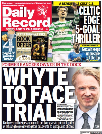 Daily Record Newspaper Front Page (UK) for 10 February 2022