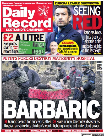 Daily Record Newspaper Front Page (UK) for 10 March 2022