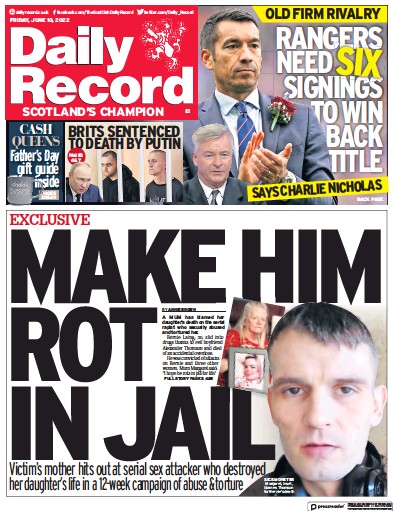 Daily Record Newspaper Front Page (UK) for 10 June 2022