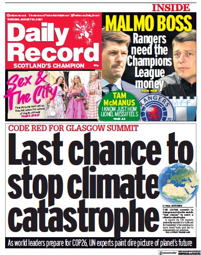Daily Record Newspaper Front Page (UK) for 10 August 2021