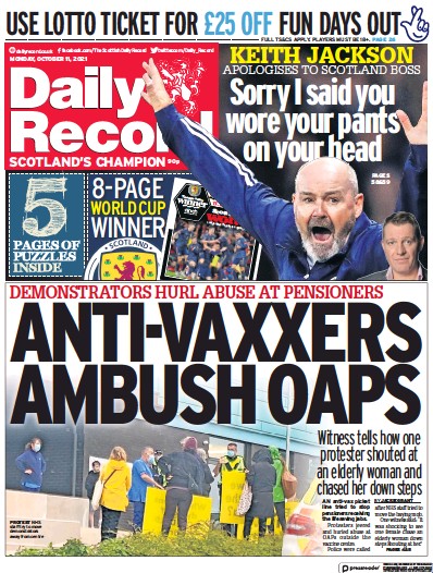 Daily Record Newspaper Front Page (UK) for 11 October 2021