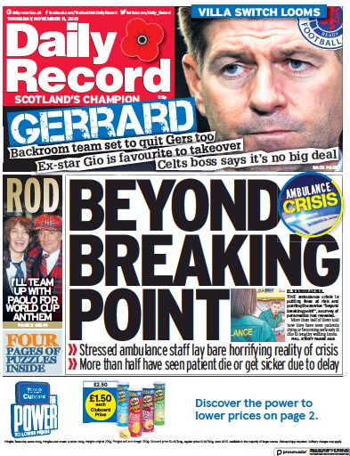 Daily Record Newspaper Front Page (UK) for 11 November 2021