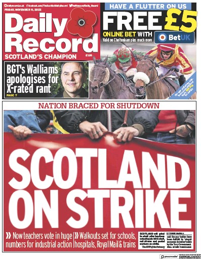 Daily Record Newspaper Front Page (UK) for 11 November 2022