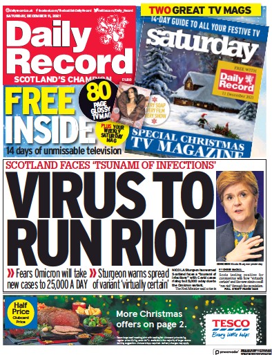 Daily Record Newspaper Front Page (UK) for 11 December 2021