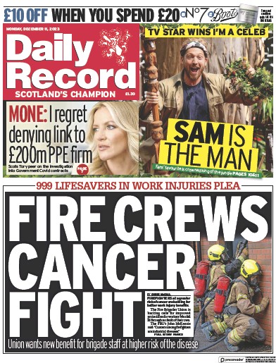 Daily Record Newspaper Front Page (UK) for 11 December 2023