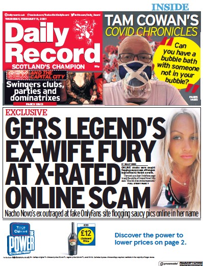 Daily Record Newspaper Front Page (UK) for 11 February 2021