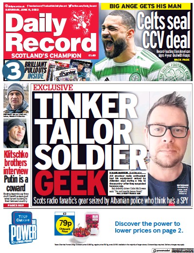 Daily Record Newspaper Front Page (UK) for 11 June 2022