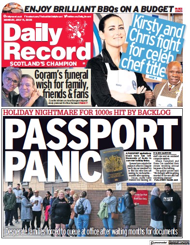 Daily Record Newspaper Front Page (UK) for 11 July 2022