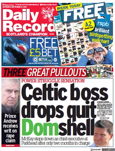 Daily Record Newspaper Front Page (UK) for 11 September 2021