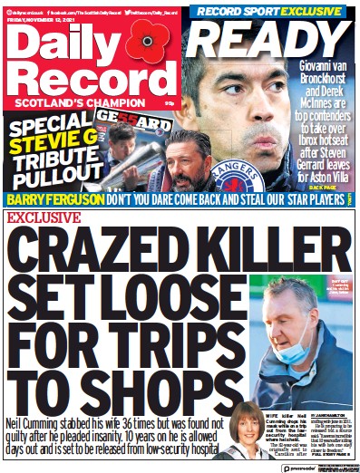 Daily Record Newspaper Front Page (UK) for 12 November 2021