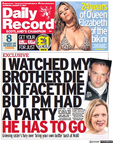 Daily Record Newspaper Front Page (UK) for 12 January 2022