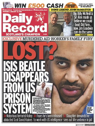 Daily Record Newspaper Front Page (UK) for 12 January 2023