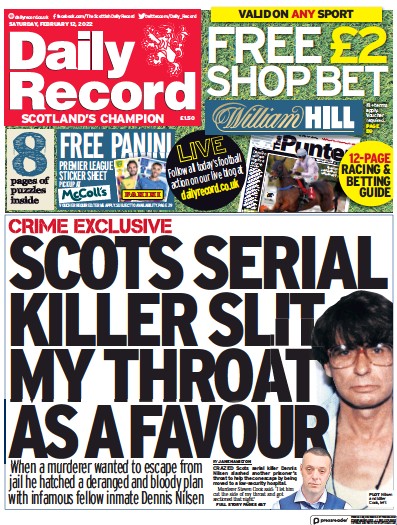 Daily Record Newspaper Front Page (UK) for 12 February 2022