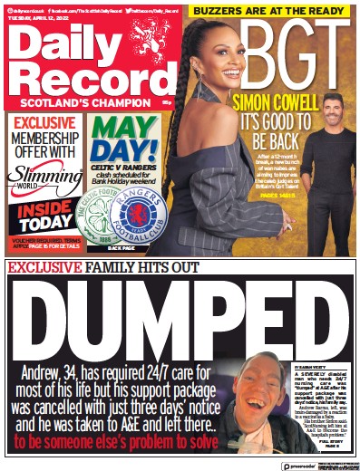 Daily Record Newspaper Front Page (UK) for 12 April 2022