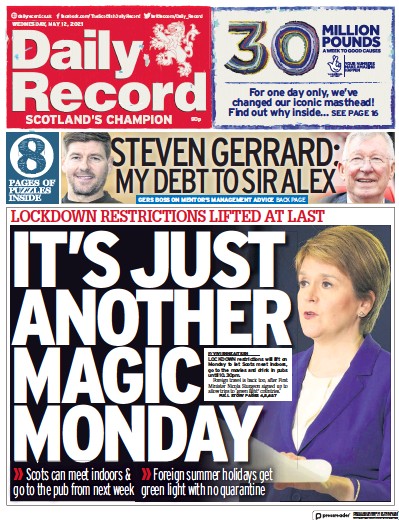 Daily Record Newspaper Front Page (UK) for 12 May 2021