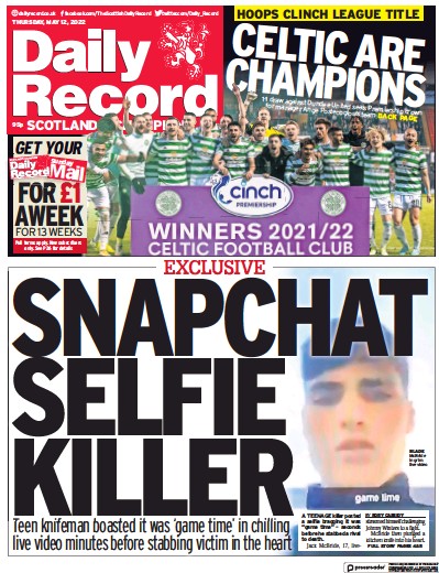 Daily Record Newspaper Front Page (UK) for 12 May 2022