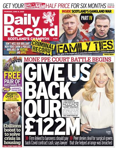 Daily Record Newspaper Front Page (UK) for 12 June 2025