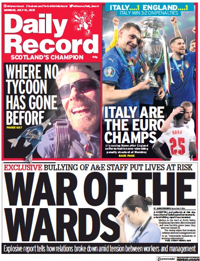 Daily Record Newspaper Front Page (UK) for 12 July 2021