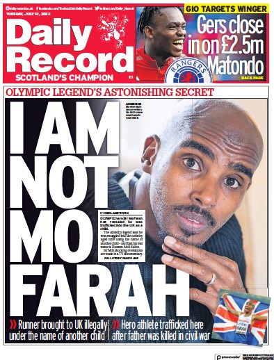 Daily Record Newspaper Front Page (UK) for 12 July 2022