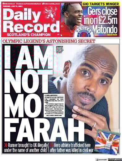 Daily Record Newspaper Front Page (UK) for 12 July 2022