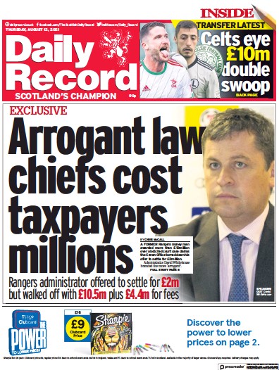Daily Record Newspaper Front Page (UK) for 12 August 2021