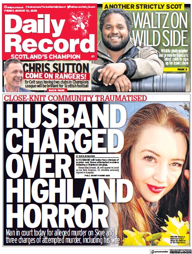 Daily Record Newspaper Front Page (UK) for 12 August 2022