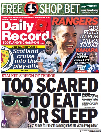 Daily Record Newspaper Front Page (UK) for 13 November 2021