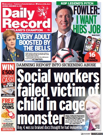 Daily Record Newspaper Front Page (UK) for 13 December 2021