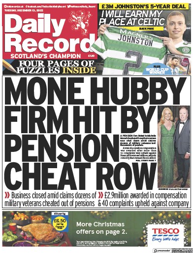 Daily Record Newspaper Front Page (UK) for 13 December 2022