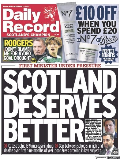 Daily Record Newspaper Front Page (UK) for 13 December 2023