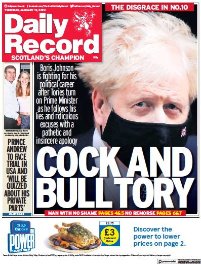 Daily Record Newspaper Front Page (UK) for 13 January 2022