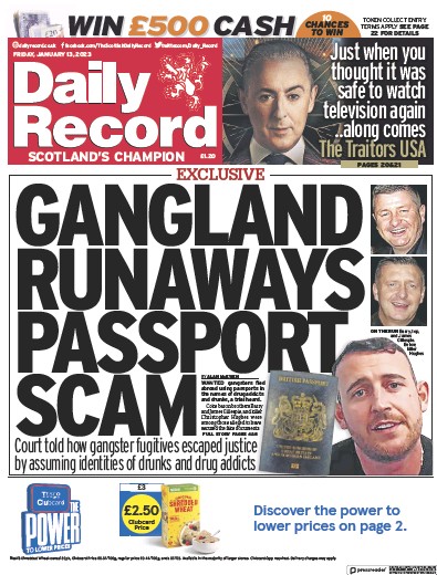 Daily Record Newspaper Front Page (UK) for 13 January 2023