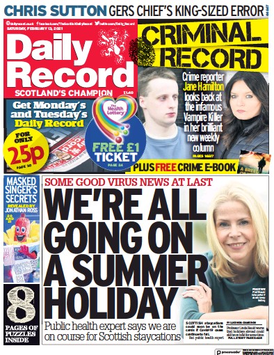 Daily Record Newspaper Front Page (UK) for 13 February 2021