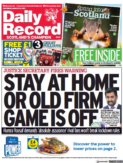 Daily Record Newspaper Front Page (UK) for 13 March 2021