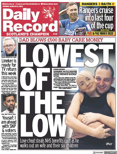 Daily Record Newspaper Front Page (UK) for 13 March 2023