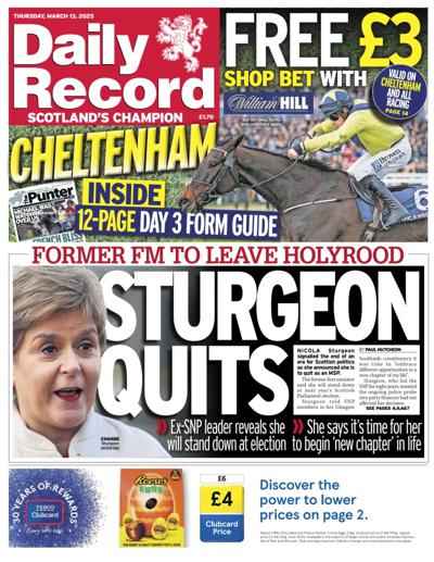 Daily Record Newspaper Front Page (UK) for 13 March 2025