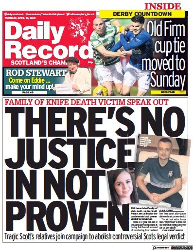 Daily Record Newspaper Front Page (UK) for 13 April 2021