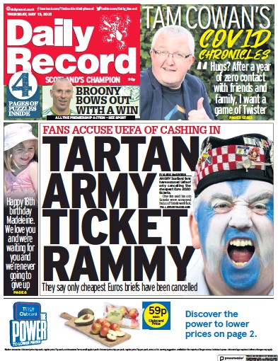 Daily Record Newspaper Front Page (UK) for 13 May 2021