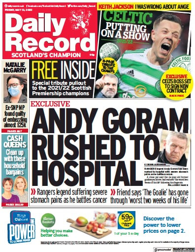 Daily Record Newspaper Front Page (UK) for 13 May 2022