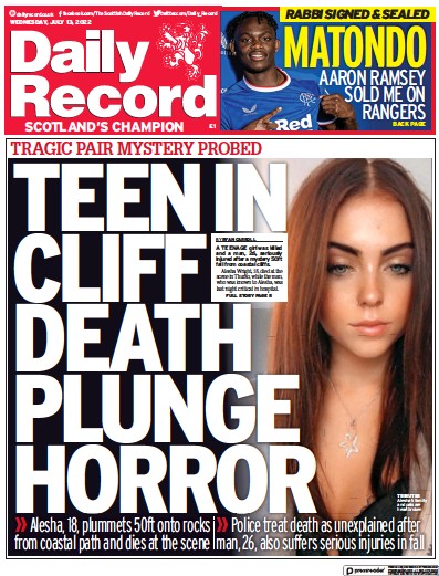 Daily Record Newspaper Front Page (UK) for 13 July 2022