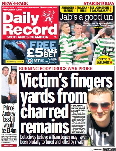 Daily Record Newspaper Front Page (UK) for 13 August 2021