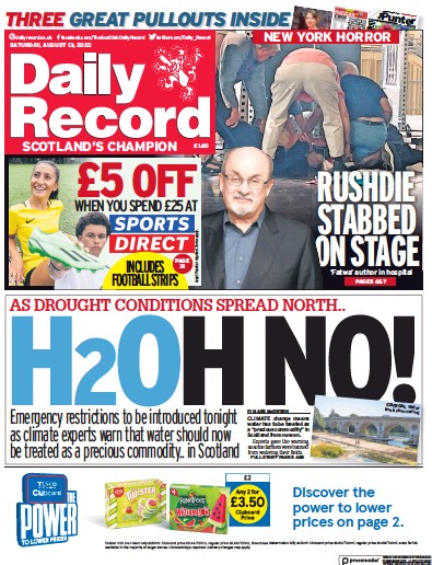 Daily Record Newspaper Front Page (UK) for 13 August 2022