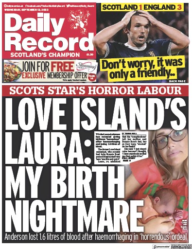 Daily Record Newspaper Front Page (UK) for 13 September 2023