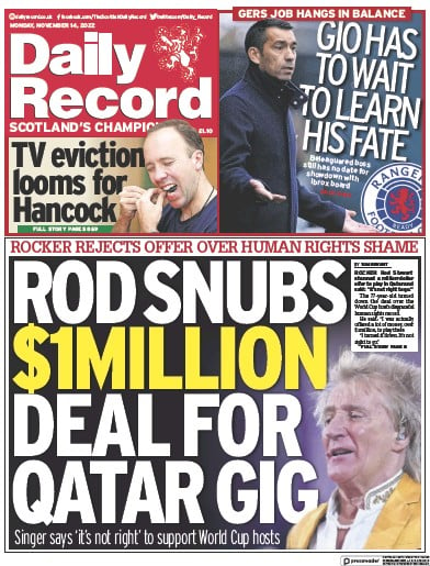 Daily Record Newspaper Front Page (UK) for 14 November 2022