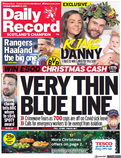 Daily Record Newspaper Front Page (UK) for 14 December 2021