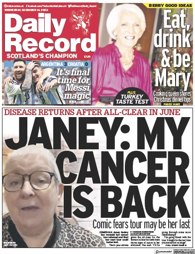 Daily Record Newspaper Front Page (UK) for 14 December 2022