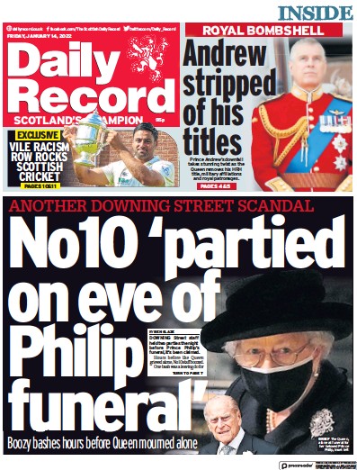 Daily Record Newspaper Front Page (UK) for 14 January 2022